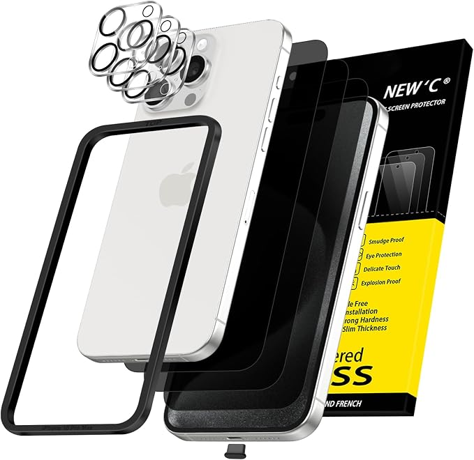 NEW'C 3x Privacy for iPhone 15 Pro Max Screen Protector (6.7 inches)+ 3x Camera Lens Protector, Sensor Protection, Case Friendly Tempered Glass Film + Dust Plug - Easy installation tool included by NEWC