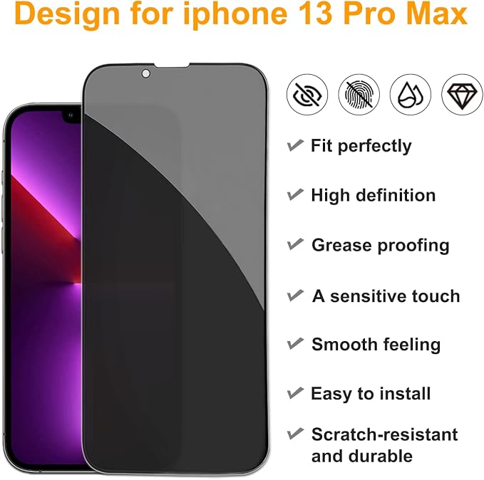 PEHAEL for iPhone 13 Pro Max Privacy Screen Protector+Camera Lens Protector | Installation kits, Anti-Spy Private, Anti-Scratch, 9H Tempered Glass, Case Friendly, 2+2 Pack, [6.7 inch] - Image 2