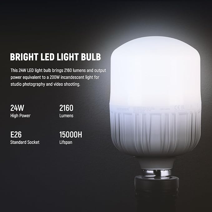Neewer E26 24W LED Light Bulbs, 2 Packs, 2160 Lumens/5700K/CRI 93+/15000h Lifespan, Bright Video Photography Lighting, Silent/No Flicker/Non Dimmable 200W Incandescent Equivalent - Image 2
