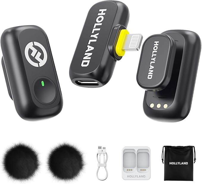 Hollyland Lark A1 Wireless Mini Microphone for iPhone 14/13/12 (2TX + Lightning RX) 48kHz/24-bit, 3-Level Intelligent Noise Cancel, Magnetic Microphone for YouTube, Podcast, Vlogging (Black) by Hollyland