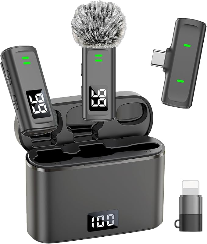 NPTCL Wireless Lavalier Mini Microphone for iPhone Video Recording | Noise Canceling Lapel Lav USB C Mic, LED Digital Charge Display, 35 Hour Charging Case for Vlog Youtube Tiktok Podcast by NPTCL