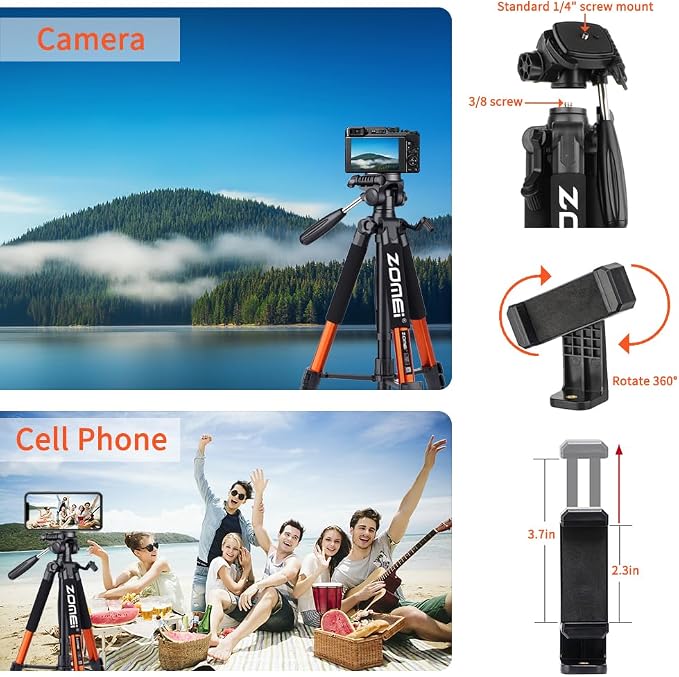 Tripod Camera Tripods, 74" Heavy Duty Tall Camera Stand Tripod with Phone Holder, Compatible with DSLR Cameras,Cell Phones,Projector,Webcam,Spotting Scopes(Orange) - Image 5
