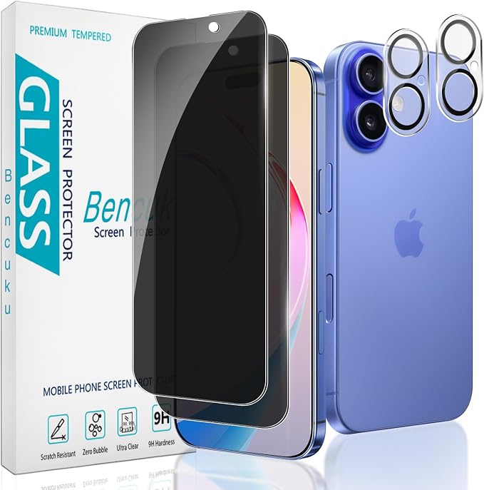 2+2 Pack Privacy Screen Protector for iPhone 16 Tempered Glass | Anti-Spy Privacy Protection, with Camera Lens Protector, Anti Scratch, Bubble Free by Bencuku