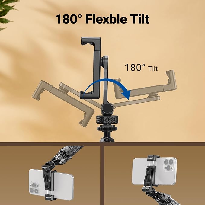 NEEWER Metal Phone Tripod Mount with Cold Shoes, 1/4" Thread, GA010 | 180° Tilt 360° Rotation, Adjustable Phone Clamp Holder, Compatible with iPhone 17 16 15 Samsung S25 S24 Ultra Camera Cage - Image 5