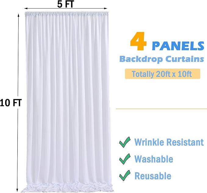20ftx10ft White Backdrop Curtains for Party Background, Wrinkle Free 4 Panels 5x10ft Silky Polyester Photo Backdrop Drapes Back Drop Cloth for Wedding Birthday Photography Baby Shower Decor - Image 6