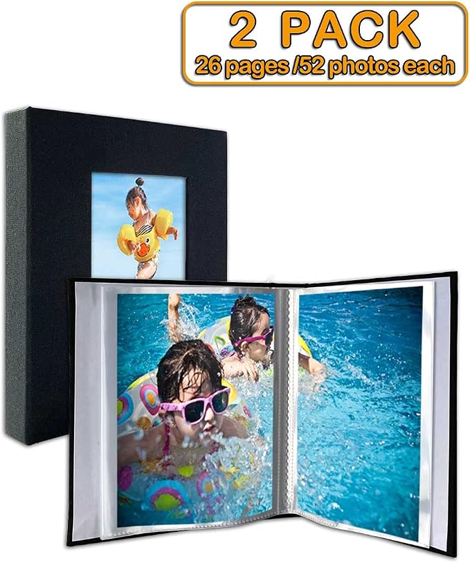 GPIRAL Small Photo Album 5x7 – 2 Pack, Each 26 Clear Pages Hold 52 Pictures. Album for 5x7 Pictures, Artwork, Drawings, Linen Cover with Front Window, Black Fabric - Image 3