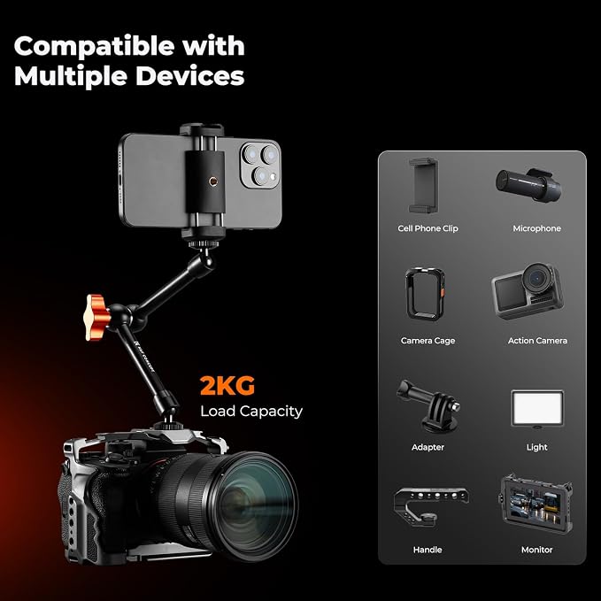 K&F CONCEPT 9.8" Magic Arm Clamp with Phone Holder | 360° Ball Heads Camera Arm Mount for Phone/LED Lights/Monitor/Flash/Microphone/DSLR Camera, MS32 - Image 4