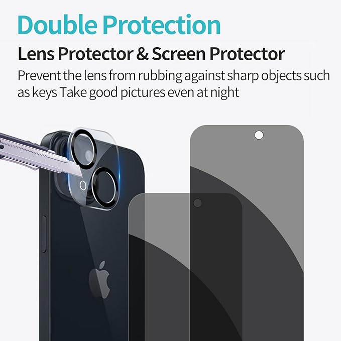 PEHAEL for iPhone 15 Privacy Screen Protector+Camera Lens Protector | Installation kits, Anti-Spy Private, Anti-Scratch, 9H Tempered Glass, Case Friendly, 2+2 Pack, [6.1 inch] - Image 6