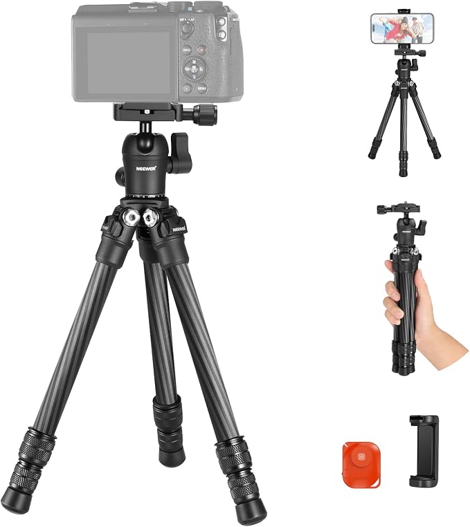 NEEWER TP09 Carbon Fiber Mini Tripod Compatible with iPhone, 20" Lightweight Compact Travel Desktop Tripod Stand with Ball Head, Phone Holder, Remote for Phone DSLR Camera Video Camcorder Webcam by Neewer