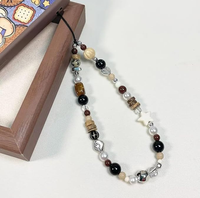 2 Pcs Phone Charm Strap Universal Hand Phone Wrist Strap Camera Lanyard Pearl Beaded Cute Chain String Accessories Universal for iPhone 17 16 Pro Max Samsung Women Girls Keychain Brown and White Star - Image 7