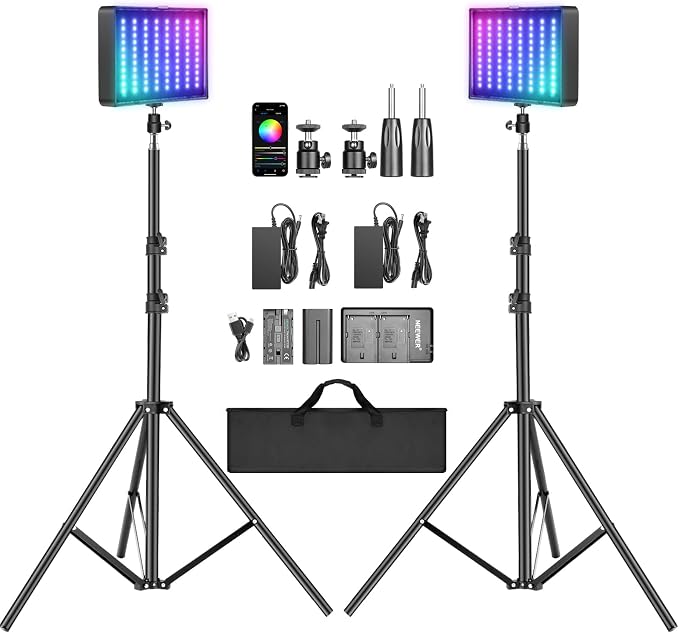 NEEWER 2 Pack RGB Video Light with Tripod Stands NP-F550 Batteries, Studio LED Panel Key Lighting Kit for Game Streaming YouTube Recording Photography Photoshoot Podcast, APP Control/CRI97+, RGB-P280 by Neewer