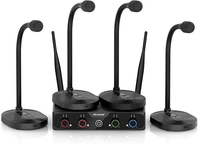 MELONARE 4-Channel Wireless Conference Microphone System MWM-41-4G | 4 gooseneck mics, 4 x 10 frequencies, 200 ft range, UHF cordless setup for lecture, church, conference and public speaking by MELONARE