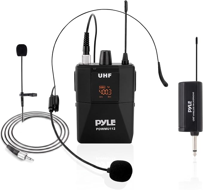 UHF Wireless Microphone System Kit - Portable Professional Cordless Microphone Set Wireless Mic Kit w/Headset Mic, Lavalier Mic, Beltpack Transmitter, Receiver - Karaoke & Conference - Pyle PDWMU112 by PyleUSA
