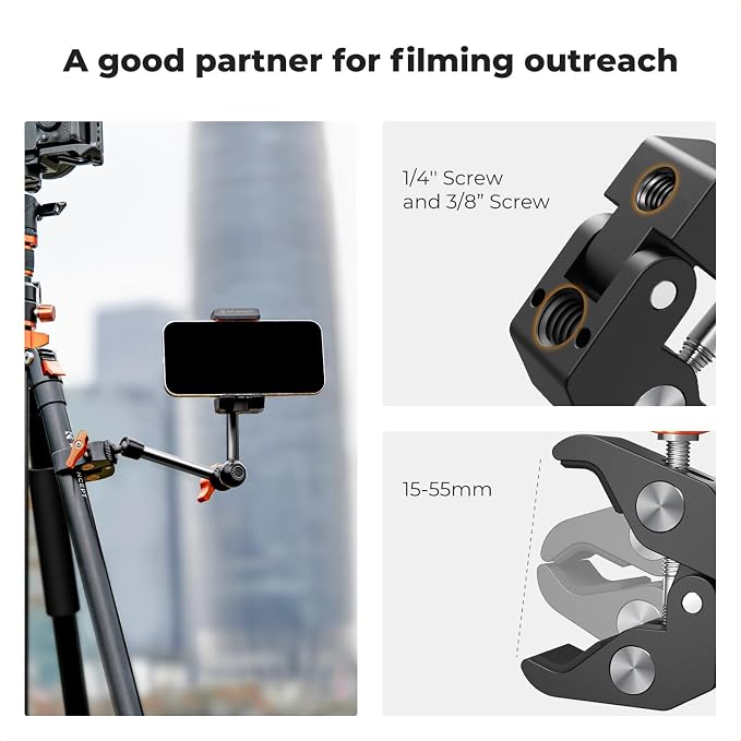K&F CONCEPT 9.8" Magic Arm Clamp Kit with 1/4" & 3/8" Thread Screw | 360° Ball Heads Magic Arm with Tripod Mount Adapter for Gopro/LED Lights/Monitor/Flash/Microphone/DSLR Camera, MS32 - Image 5