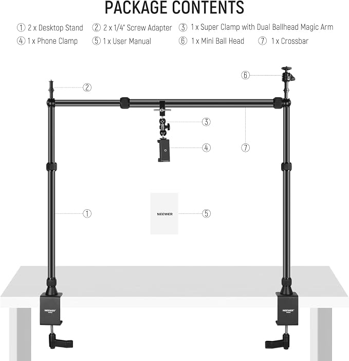NEEWER Overhead Camera Mount Rig with 2 Ball Heads, Super Clamp, NK002 | Mobile Phone Holder, Camera & Multi Device Desk Mount, Platform Overhead Tripod, Adjustable Height Width, Max Load 12 kg - Image 8