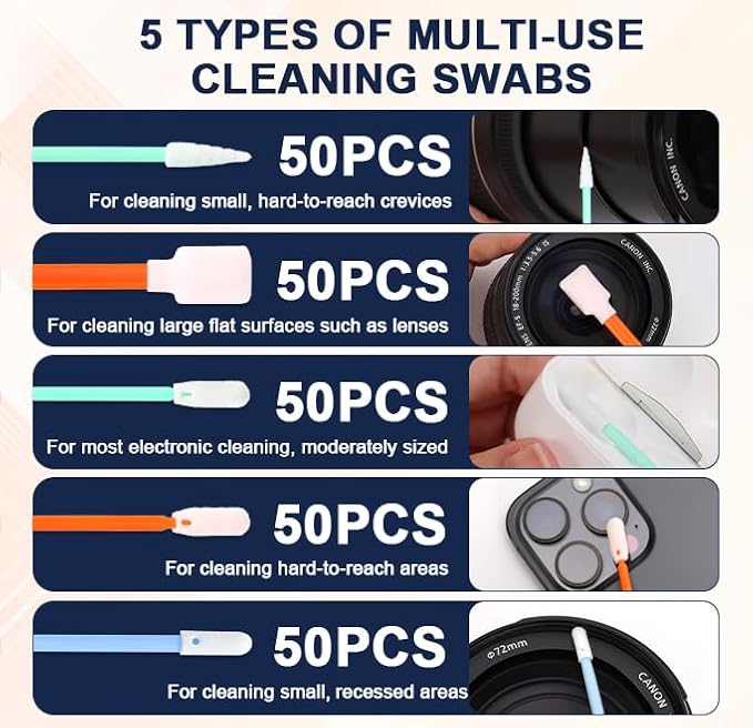 250 Pcs Foam Cleaning Swab Kit 5 Types Lint-Free Foam Swab Sticks with Storage Box Micro Cleaning Sponge Tip Swabs for Electronics Printer Cameras Optical Lenses Equipment Gun Automotive Detailing - Image 3