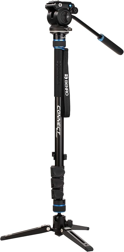 Benro Connect Video Monopod with S2 PRO Flat Base Fluid Video Head, Head Mounts to 3 Leg Base, 2.5kg Max, 3 Leg Folding Base w/Ball Lock, Flip Lock, Carrying Case by Benro