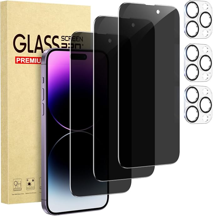 3 Pack Privacy Screen Protector for iPhone 14 Pro Max+3 Pack Camera Lens Protector with Tempered Glass, Touch Sensitive and Case Friendly by Cutebe