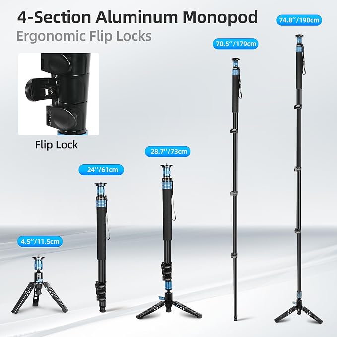 SIRUI AM-404FL Aluminum Camera Monopod with Feet, Removable Base | 74.8" Height, 26.4LB Load, 360° Panning, 4-Section, Canon, Nikon, Sony, DSLR, Mirrorless Camera - Image 5
