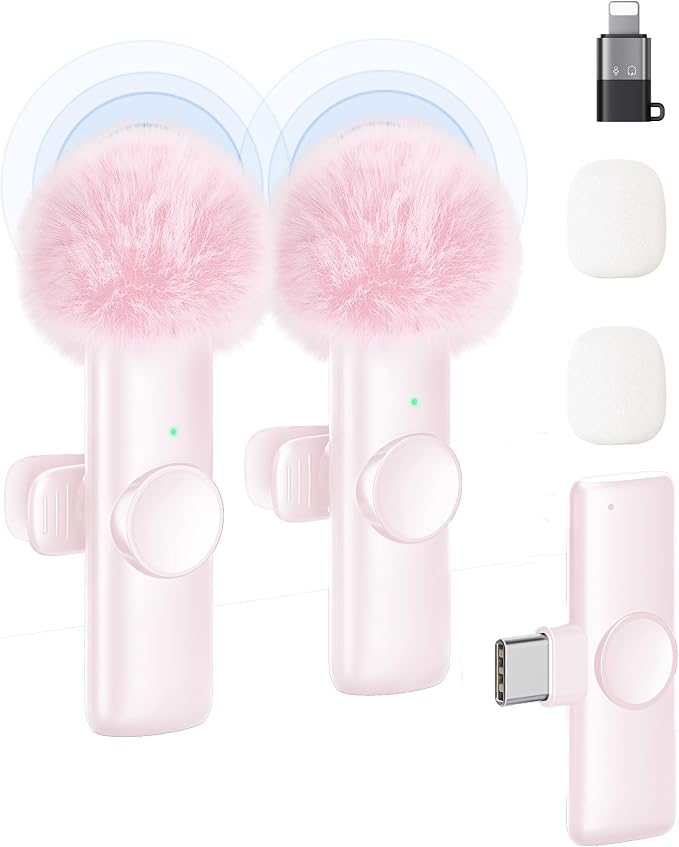 SUDEHO Dual Wireless Lapel Microphone System, Noise-Canceling Clip-On Design, Instant Connection via USB-C Receiver for Android (Rosy Pink) by SUDEHO