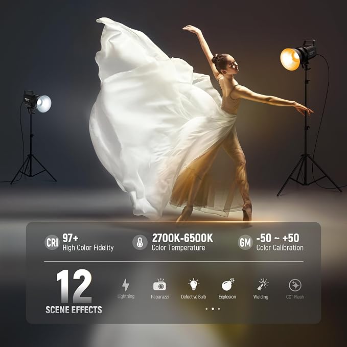 NEEWER FS300B 300W LED Studio Video Light, Bi Color COB Continuous Lighting with 2.4G/APP Control 44500Lux/1m 2700K-6500K CRI97+, 12 Scenes, Bowens Mount Spotlight for Photography Recording Streaming - Image 4