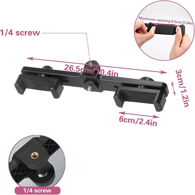 Dual Phone Holder Phone Tripod Mount Adapter, Universal 360° Rotation Adjustable Clip Stand for Vlog Live Streaming Video Recording, Compatible with 1/4'' Screws, Black - Image 3