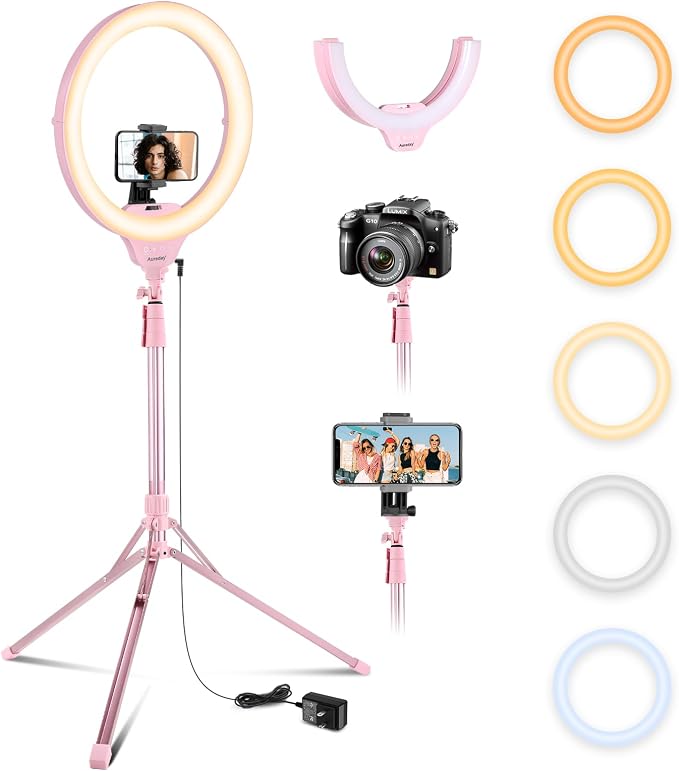 Aureday 14'' Pink Selfie Ring Light with 62'' Tripod Stand and Phone Holder, Dimmable LED Phone Ringlight for Makeup/Video Recording/Photography, Circle Lighting for Cell Phones&Lightweight Cameras by Aureday