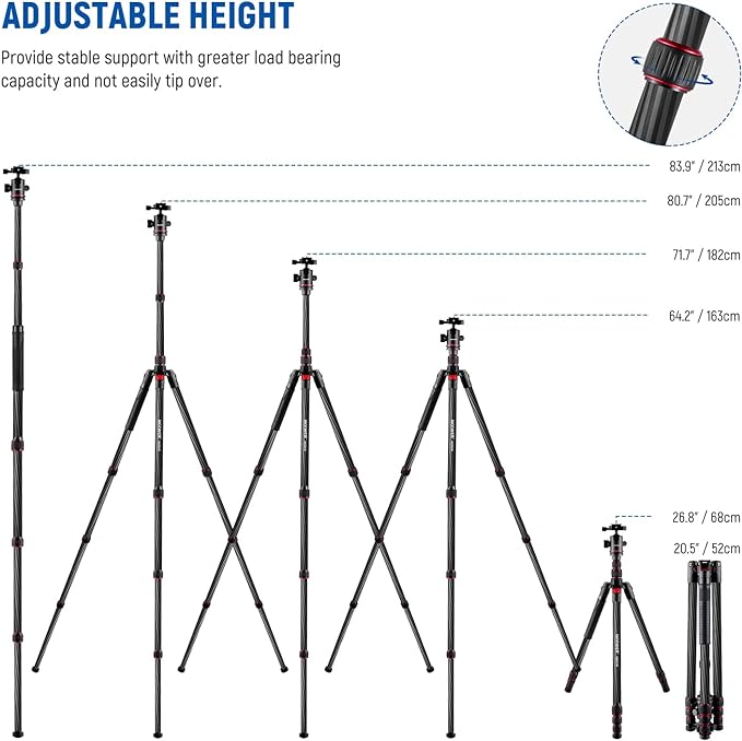 NEEWER N55CR Upgraded 80.7" Carbon Fiber Camera Tripod Monopod Travel Stand | With Telescopic 2 Section Center Axis, 360° Panorama Ballhead, 1/4" Arca Type QR Plate, ø28mm Column, Max Load 26.5lb - Image 3