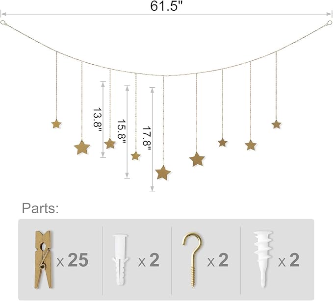 Mkono Hanging Photo Display, Boho Picture Wall Decor, 25 Wood Clips, Gold | Teen Girl Gift, Artworks Cards Holder, Wooden Stars, Metal Chains, Bedroom Living Room Dorm Office, Christmas Birthday - Image 6