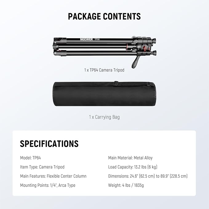 NEEWER Overhead Horizontal Camera Tripod Monopod with Fluid Head & Flexible Center Column, 90 Inch Tall Metal DSLR Video Travel Stand, Arca Type QR Plate & Inverted Legs, Max Load 13.2 lbs, TP64 - Image 8