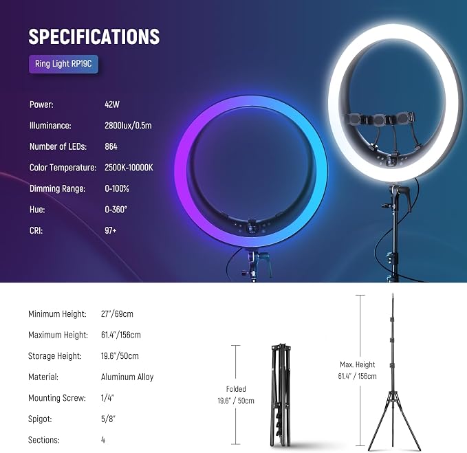 NEEWER 19" RGB LED Ring Light with Stand, 3 Phone Holders, Touch Panel, 2.4G/App Control, 42W CRI97+ 2800lux/0.5m 360° Hue Dimmable Professional Lighting for Makeup Live Streaming Zoom Calls, RP19C - Image 8