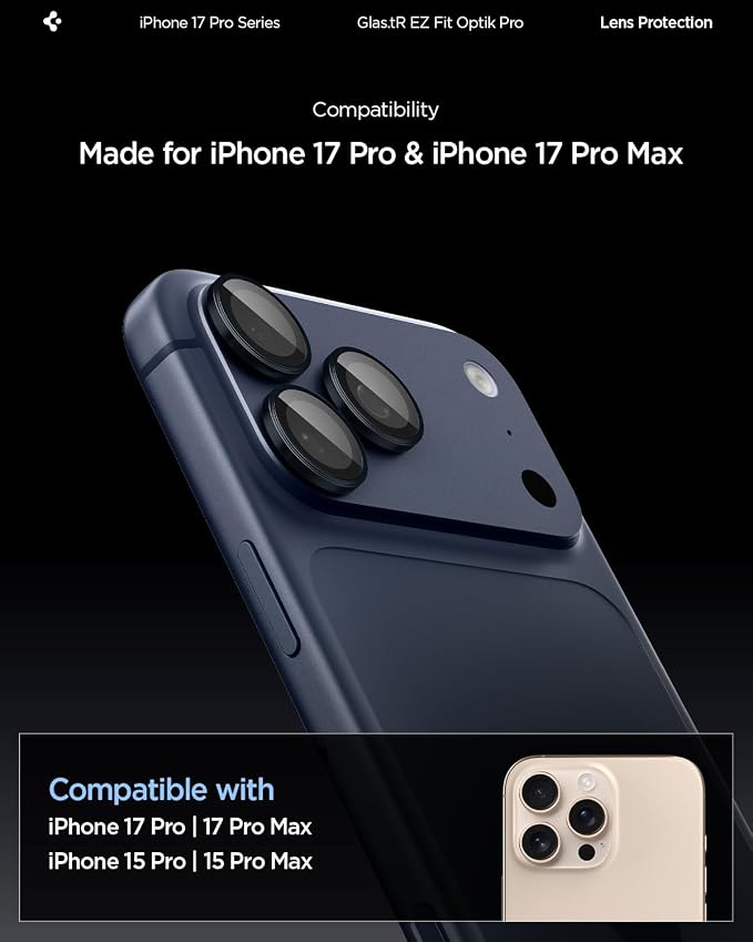 Spigen Camera Lens Protector for iPhone 17 Pro Max / 17 Pro - Blue Titanium | GlasTR EZ Fit Optik Pro, 9H+Tempered glass, Scratch resistant, Auto-align tray, Original photo quality, Case-friendly, 2Pack - Image 2