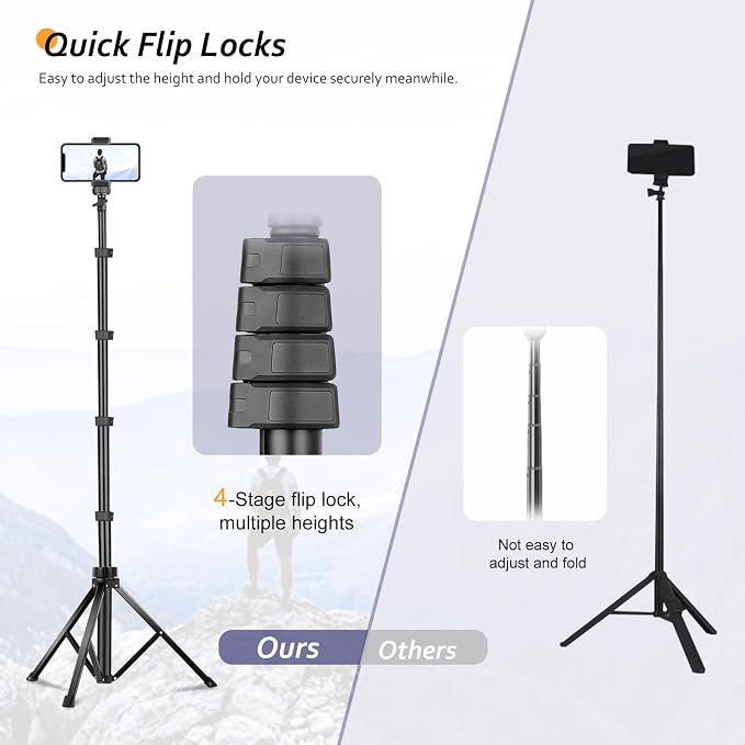 Aureday 62" Phone Tripod Accessory Kits, Camera & Cell Phone Tripod Stand with Wireless Remote and Universal Tripod Head Mount, Perfect for Selfies/Video Recording/Vlogging/Live Streaming (Pack of 2) - Image 5