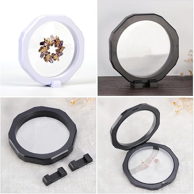 4 Pcs Octagonal Shape 3D Floating Display Case Frame Display Holder Stands Inner Round PE Film Storage Box for AA Coin Jewelry Challenge Coin Medal Antique 5 x 5 inch Black and White - Image 2