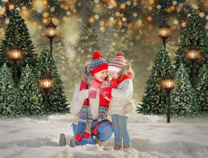 Mocsicka 7x5ft Winter Christmas Backdrop for Photography Christmas Glitter Bokeh Green Pine Tree Lamps Photo Backdrop Xmas Family Pictures for Kids Newborn Photography Background - Image 3