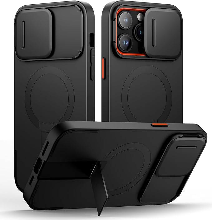 SURITCH for iPhone 14 Pro Max Case with Magnetic Camera Slide Cover and Adjustable Kickstand, Compatible with MagSafe, Shockproof Bumper Case Slim Protective Cover 6.7 Inch, Black by SURITCH