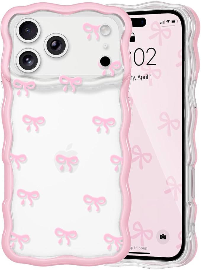 QLTYPRI for iPhone 17 Pro Pink Bow Case, Clear Cute Pink Ribbon Bow Phone Case Curly Wavy Aesthetic Phone Cover, Soft Slim Transparent TPU Shockproof Protective Cover for Women Girls - Tiny Bow by QLTYPRI