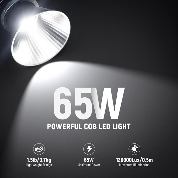 NEEWER MS60 LED Video Light with 2.4G/APP Control, 65W 5600K Daylight Mini COB Continuous Output Lighting, 40000lux/1m, CRI 97+/TLCI 98+, 9 Scenes, 0-100% PWM Dimming, Bowens Mount Adapter - Image 2