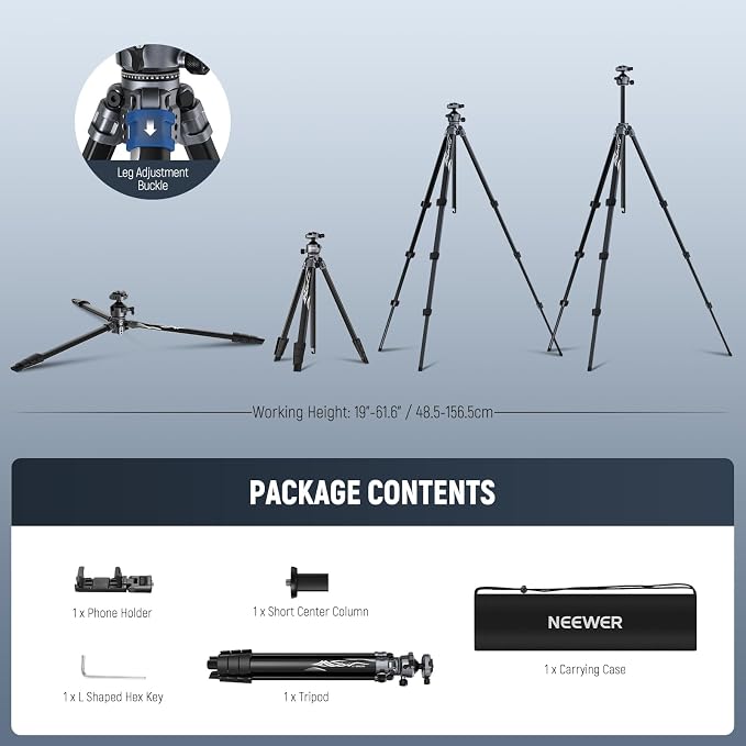 NEEWER LITETRIP LT07 61" Aluminum Travel Tripod for Camera | Pan Tilt Low Profile Ball Head, Arca QR Plate Compatible with PD Tripod Plate, Dual Center Axis, Phone Holder, Max Load 22lb - Image 8