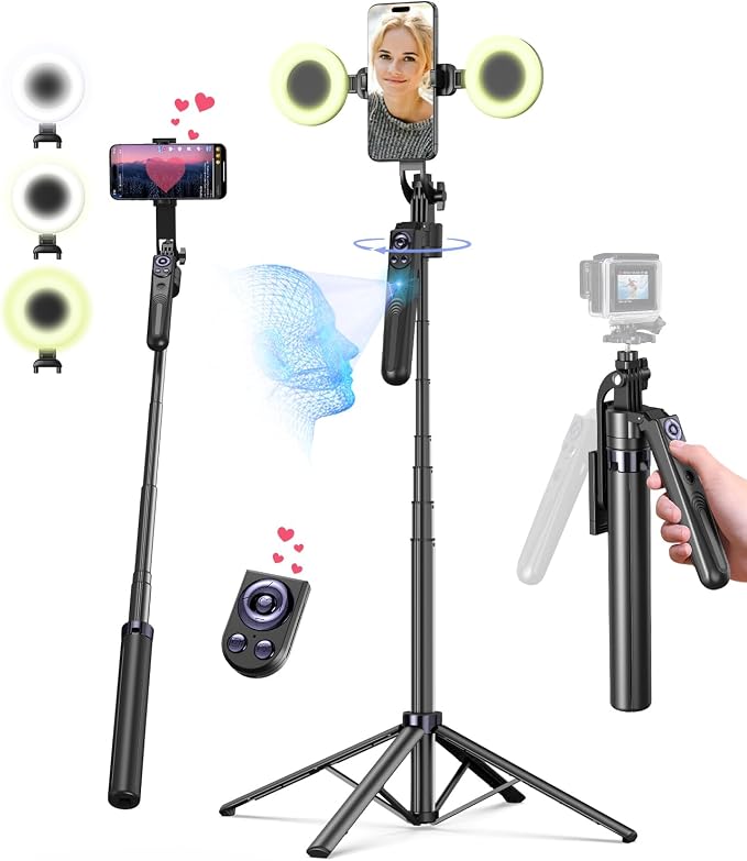 Yeaki 71” Auto Face Tracking Tripod for iPhone with Light,360° Rotating Phone Stand with Rechargeable Remote Control for TikTok Vlog Video Recording, Phone Tripod for Android Camera/GoPro/Ring Light by YEAKI