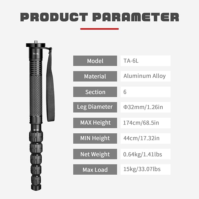 TONYBOO 68.5” Aluminum Camera Monopod,Lightweight & Portable, 5-Section Travel Monopod, Max Load 33 lbs for DSLR/Mirrorless Cameras, Camcorders, Compatible with Canon Nikon Sony - TA-6L - Image 8