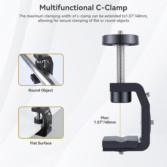 UTEBIT 40mm C-Clamp Camera Mount with Mini Ball Head, Black | 1/4 Thread Hole Metal Clamp with 360° Swivel Ballhead Camera Mount 1/4 Hot Shoe Adapter for Camera Desk Bicycle Woodworking - Image 2