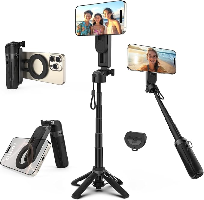 Takerers for Magsafe Tripod for iPhone【Pocket Size】 4-in-1 Portable Magnetic Selfie Stick for iPhone Stand for Video Recording Travel Magnetic Phone Tripod with Remote 【Upgraded 4 Legs】 by Takerers
