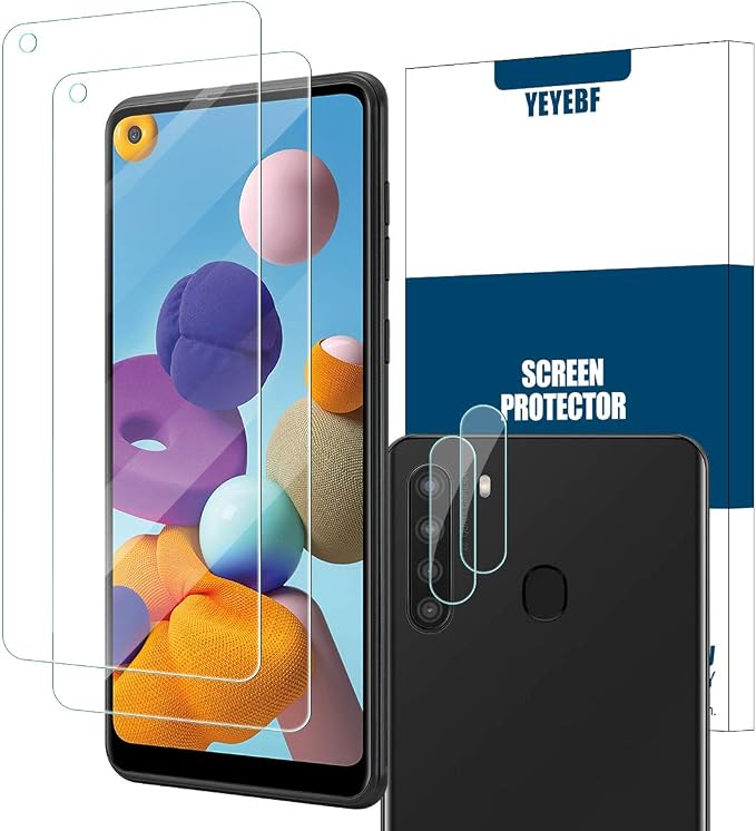 YEBF Galaxy A21 HD Clear Tempered Glass Screen Protector + Camera Lens Protectors by YEYEBF,[2+2 Pack] [3D Glass] [Anti-Glare] [Bubble-Free] Screen Protector Glass for Samsung Galaxy A21 by YEYEBF