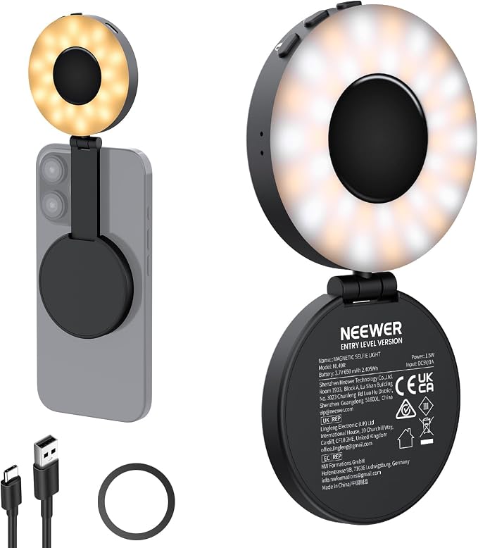 NEEWER ENTRY LEVEL VERSION Magnetic Selfie Light Compatible with MagSafe iPhone, 4 Mode CRI95+ 914lx 1.5W Plastic Folding Small LED Phone Fill Ring Lighting for Recording Makeup Video Conference,NL40R by Neewer