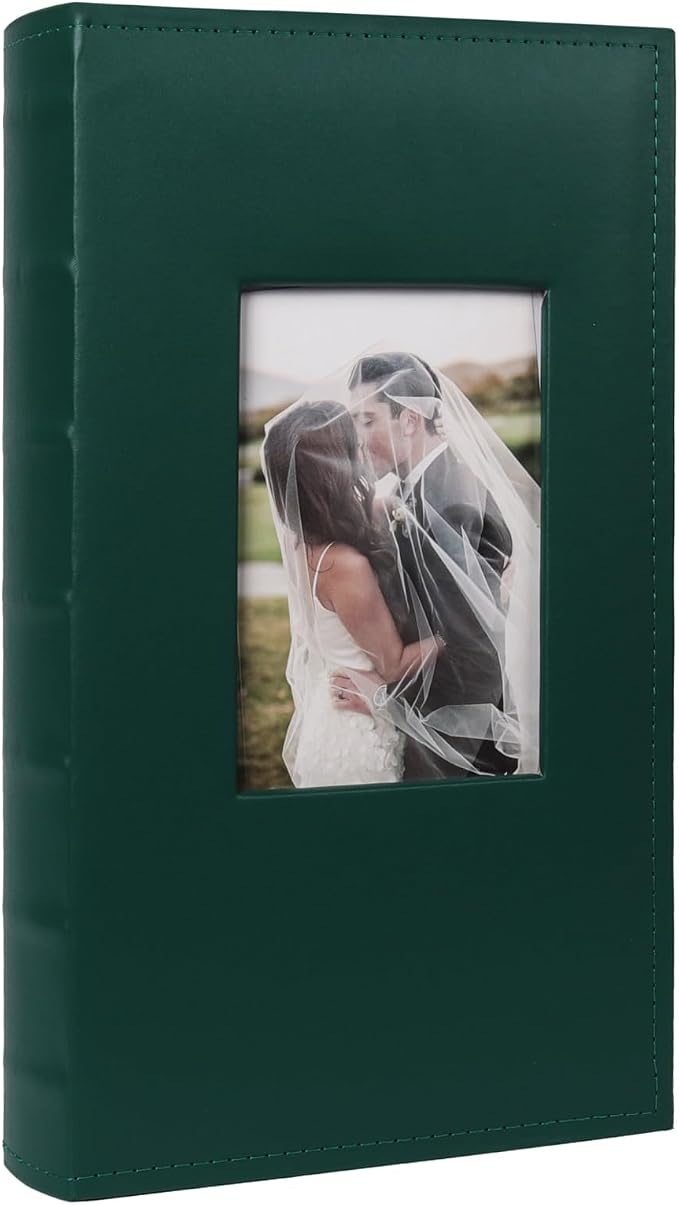 RECUTMS Photo Album 4x6 300 Photos Leather Memory Picture Book Dark Green | Black Inner Page, 300 Horizontal Pockets, Slip-in Picture Albums for Family Wedding Baby, DIY Cover Window, Graduation Gifts by RECUTMS