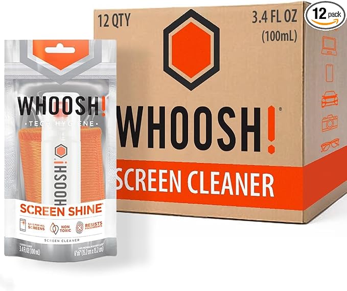 WHOOSH! Screen Shine Go XL – Screen Cleaner Kit, Set of 12, 3.4 fl oz | Includes 12 – 6x6" Microfiber Cloths, Sleek Bottles for Home & Travel, For Car, Computer & Eyeglasses, For Bulk/Business Use by WHOOSH