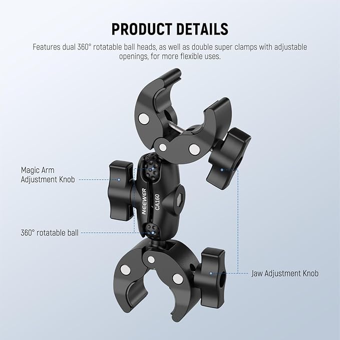 NEEWER Double Super Clamp Mount with Magic Arm, 360° Umbrella Flag Pole Clamp Holder for Desk Photo Studio Light Stand Photography Reflector Scrim Cross Bar Motorcycle Handlebar Stroller Chair, CA160 - Image 2
