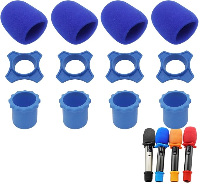 4-Set Blue Handheld Mic Protection Kit Silicone Ring Windscreen | anti-roll drop guard, ktv karaoke stage , wireless dynamic mic fit, foam windpop filter cover, bottom rod sleeve included by Cheerock