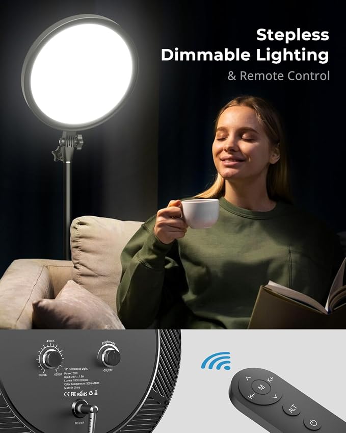 Aureday 12” Ring Light with Stand and Phone Holder, 79” Tall LED Circle Light with Weighted Base & Remote, Dimmable Floor Lamp for Video Recording, Barber, Live Stream, Makeup, Photography - Image 6